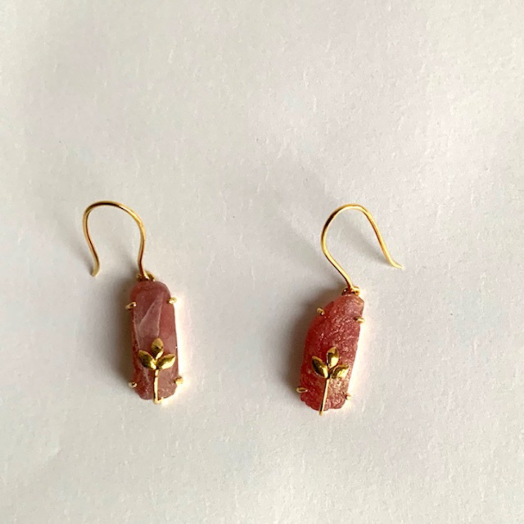 Natural Ruby Hanging Earrings with leaf motif