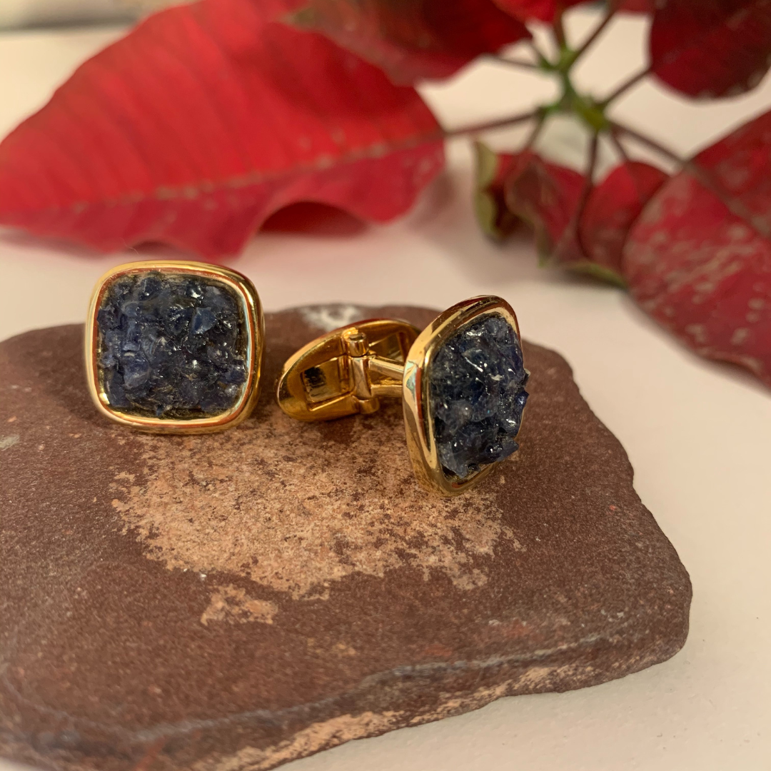 Natural Raw Blue Sapphire Cuff Links