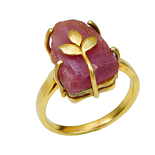 Raw Natural Ruby Ring with leaf motif