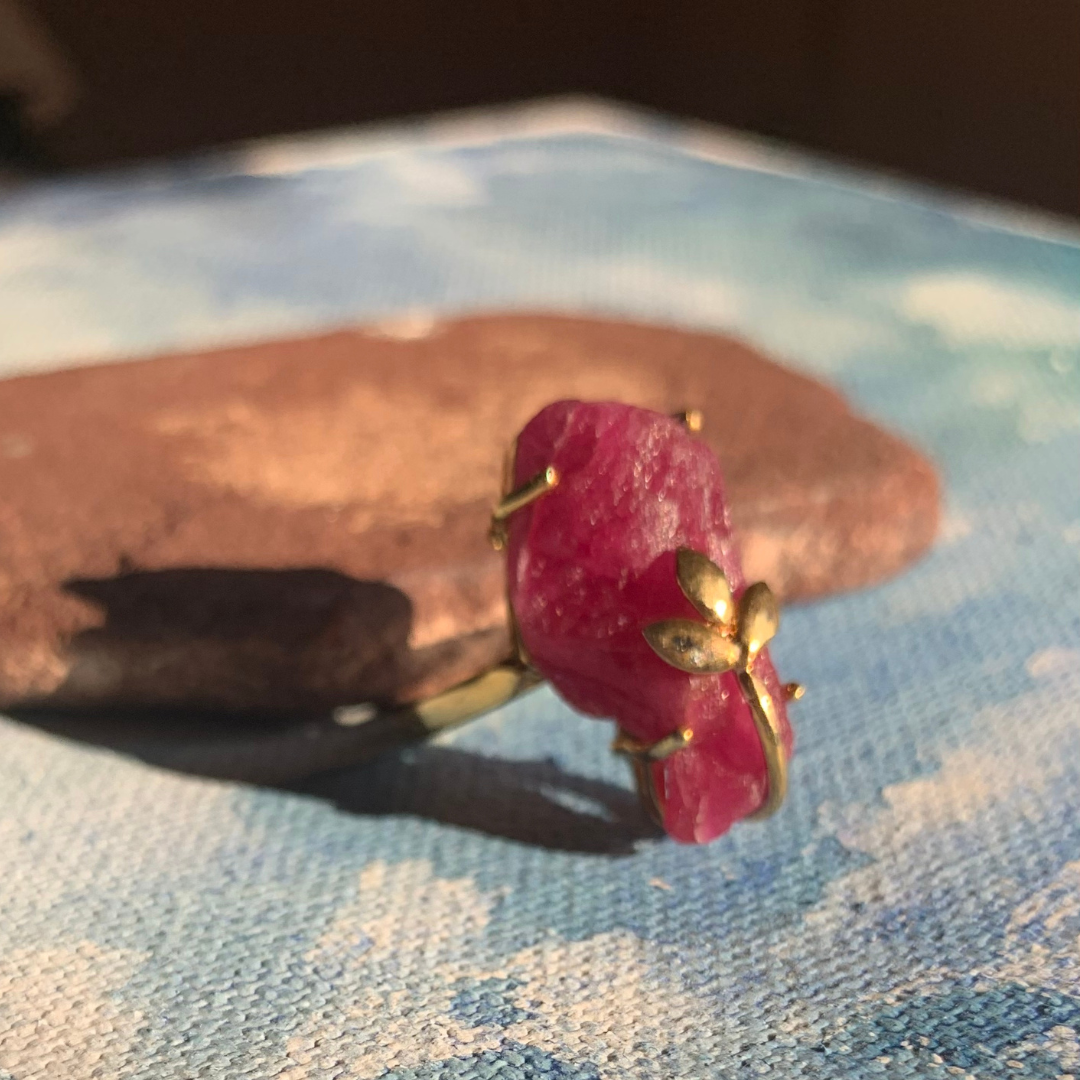 Raw Natural Ruby Ring with leaf motif