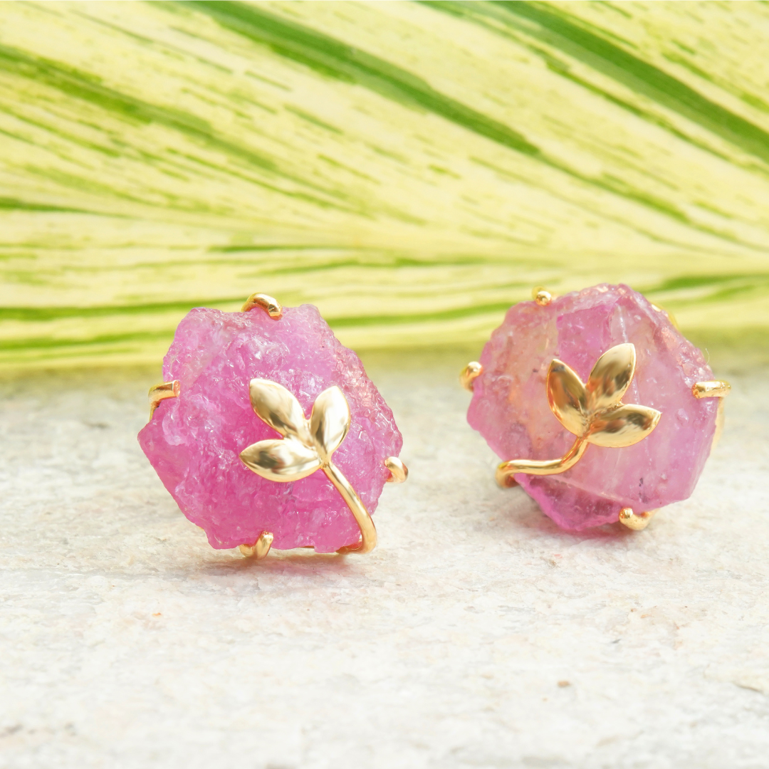 Designer Natural Ruby Earrings with leaf motif