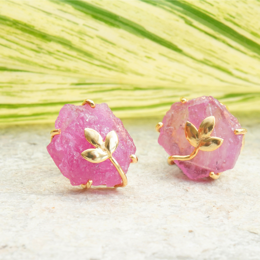 Designer Natural Ruby Earrings with leaf motif