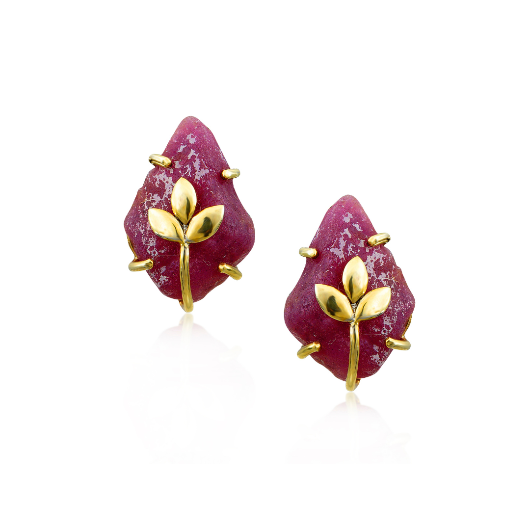 Designer Natural Ruby Earrings with leaf motif