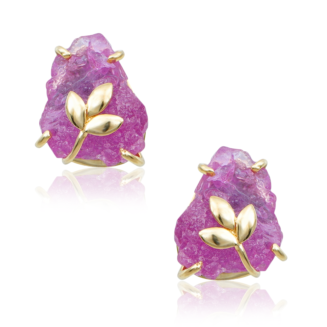 Designer Natural Ruby Earrings with leaf motif