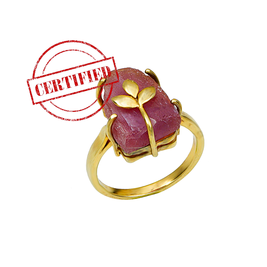 Raw Natural Ruby Ring with leaf motif